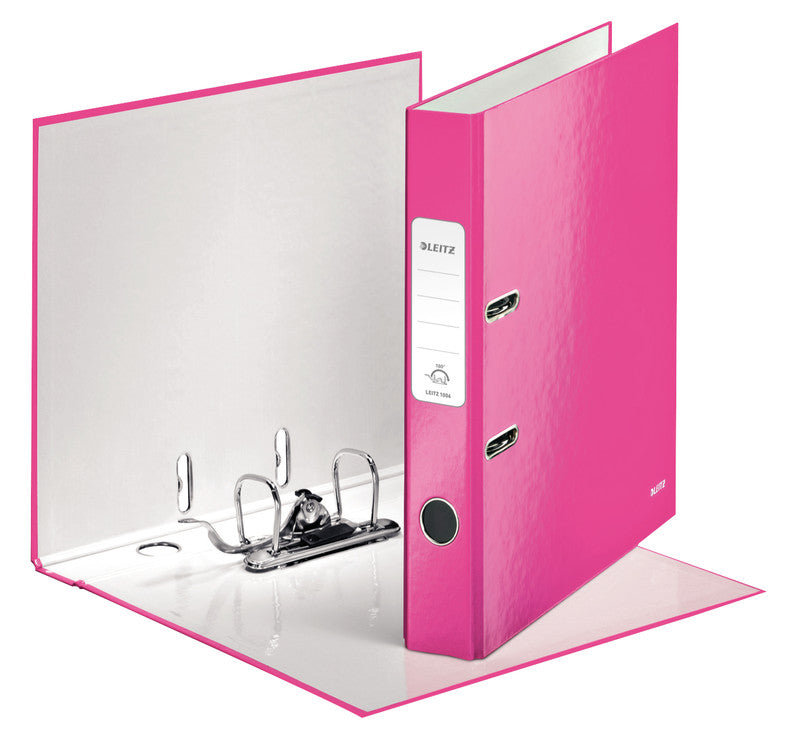 Leitz Ordner – A4 hoch – 2-Ring Hebelmechanik, Rücken 50 mm – pink, mit Niederhalter, mit Griffloch, FSC