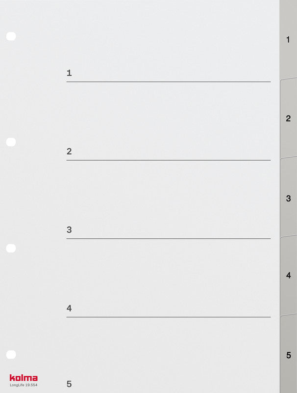 Kolma Register – A4, 5-teilig, PVC, grau, vorgedruckt, mit Indexblatt, 4-fach Lochung