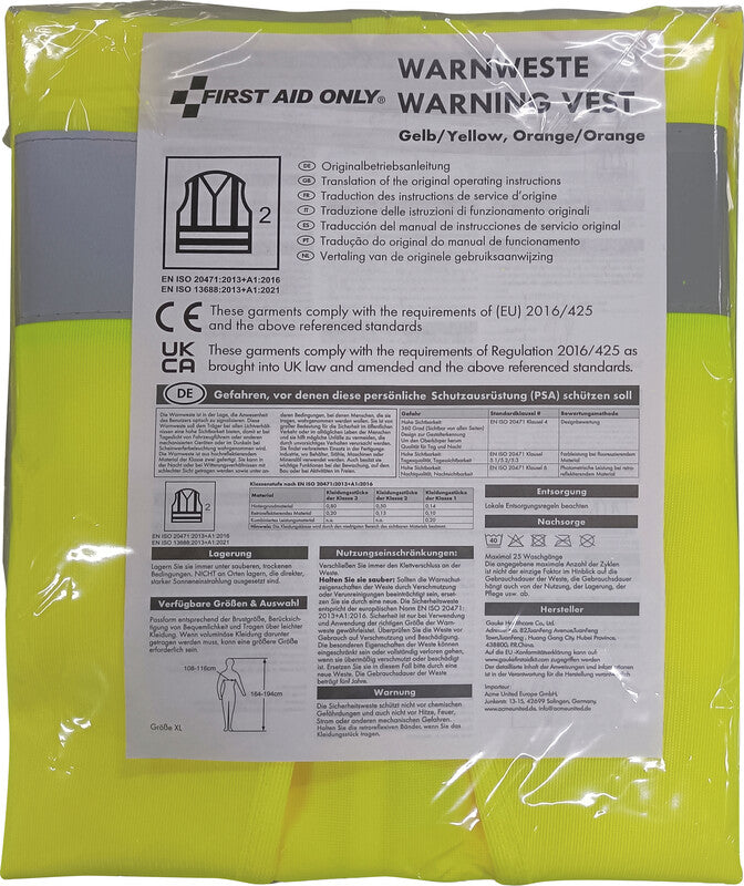 First Aid Only – Sicherheitsweste, Klasse 2 – Gelb, XL, Klettverschluss, EN ISO 20471, ISO 13688