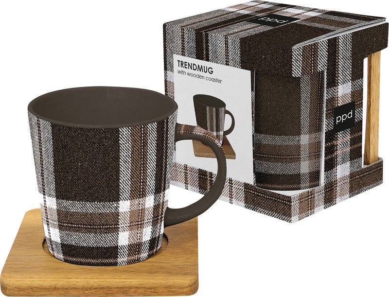 Ppd Tasse – 0,35 l, New Bone China, braun, mit Akazien-Holzuntersetzer, spülmaschinenfest, 1 Stück