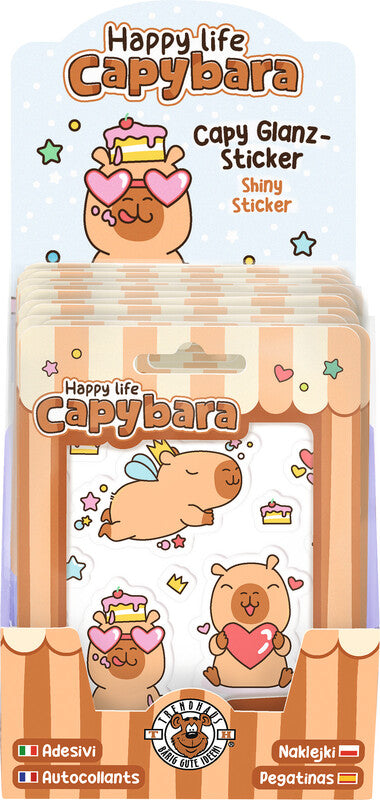 Trendhaus Schmucketiketten – Motiv Capybara Happy Life – Folie, 26 Stk, 1 Bogen, Abgerundete Ecken