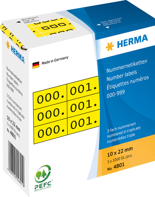 HERMA Nummernetiketten – rechteckig 10 × 22 mm, permanent, gelb/schwarz, Papier, 3 Rollen (3'000 Stk.)