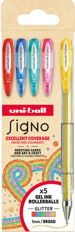 Uni-Ball Signo Sparkling – Tintenroller-Set, mit Kappe, 0,65 mm, farbig sortiert, für Linkshänder, 5er Etui