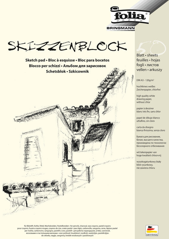 Folia Skizzenblock A3, 120 g/m², 50 Blatt, Weiss, Satiniert, PEFC, Recyclingfähig, für Skizzen