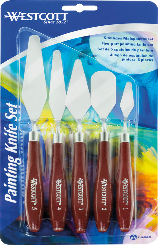 Westcott Malspachtel – farbig sortiert, Kunststoff/Metall, 5er-Pack, Holzgriff