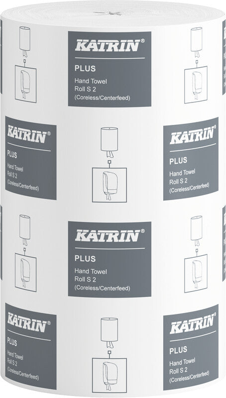 Katrin Handtuchrolle Plus S – 2-lagig, Recyclingfasermaterial, weiss, 205 mm × 60 m, für Katrin Inclusive S