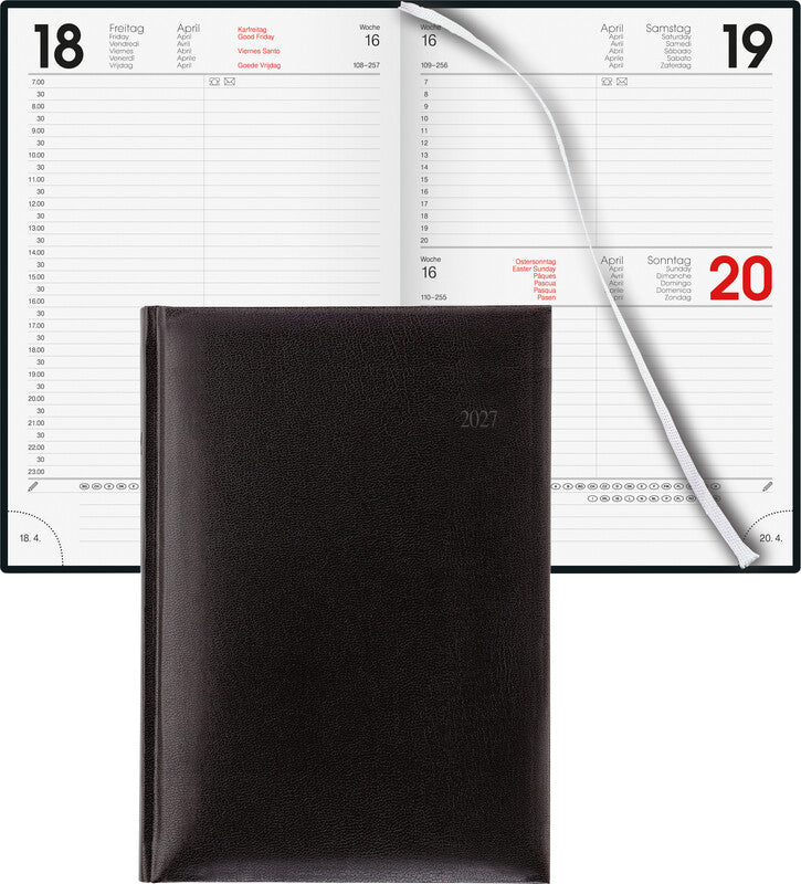 Biella Budget Agenda – 1 Tag pro Seite, gebunden, 14,5 × 20,5 cm, 2027, 1/2-Stunden-Takt, schwarz, FSC