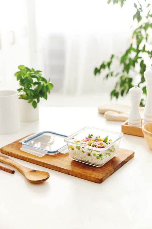 Rotho Glasbehälter Clic & Lock – 0,75 l – rechteckig – 16,5 × 7,8 × 16,5 cm – Borosilikatglas – transparent