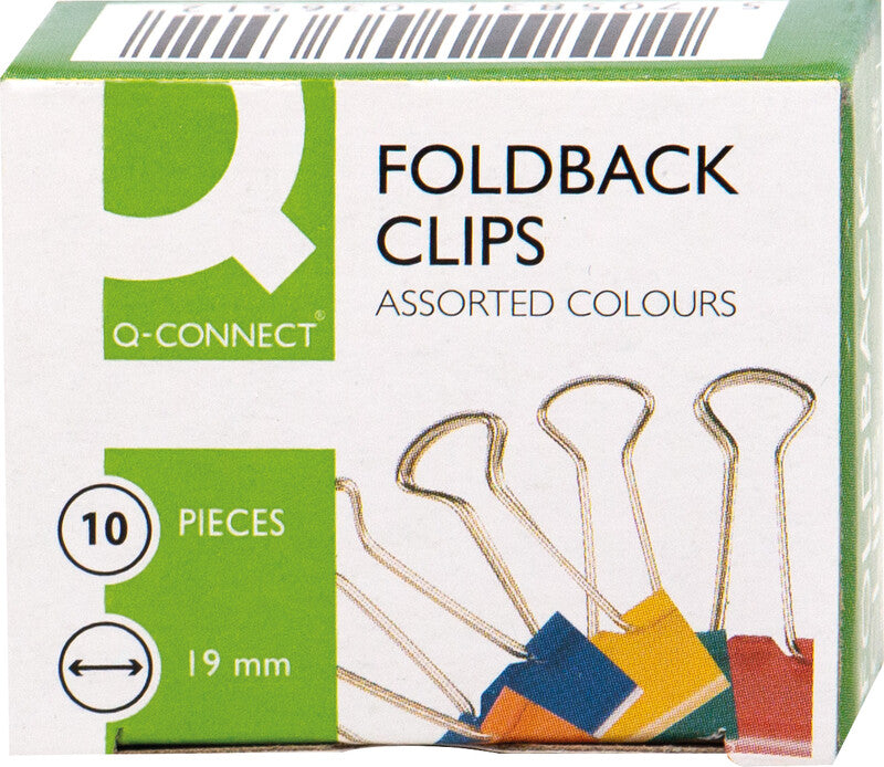Q-CONNECT Büroklammern – Foldback-Clips – 19 × 8,3 mm – Metall – farbig assortiert – 10 Stück