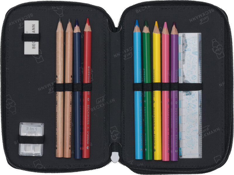 Beckmann Klassisches dreifaches Schüleretui, gefüllt, 27-teilig – Ninja Elements – Kunststoff – 13,0 × 20,5 × 7,0 cm