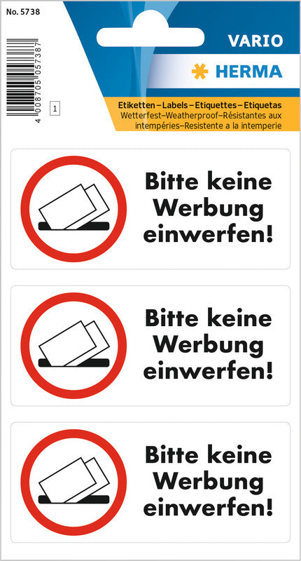 HERMA Hinweisaufkleber Bitte keine Werbung einwerfen – 84 × 120 mm – permanent – Folie – schwarz/weiss – 3 Stk.