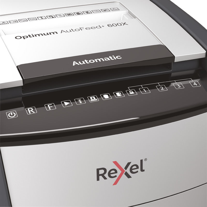 Rexel Optimum AutoFeed+ 600X – Aktenvernichter mit Autofeed 600 Blatt, DIN P-4, Partikelschnitt 4 × 36 mm, 15