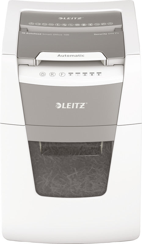 Leitz Aktenvernichter mit Autofeed 100 Blatt, DIN P-4, Partikelschnitt 4 × 30 mm, 8 Blatt, 34 l, A4