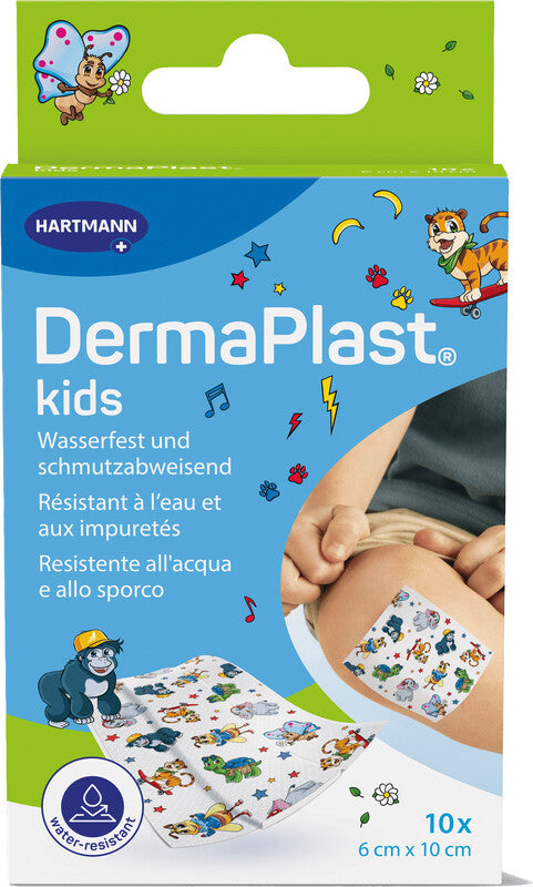 DermaPlast Kids Pflaster – hautfreundlich, wasserabweisend – mehrfarbig – Textil – 60 × 100 mm – 10 Stk.