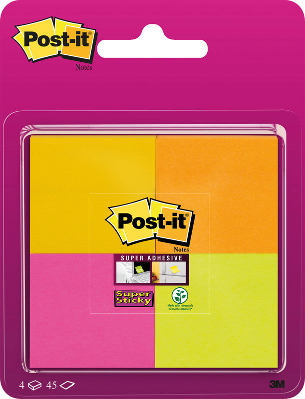 Post-it Haftnotizen Super Sticky – 47,6×47,6 mm – sortiert, 4×45 Blatt, PEFC