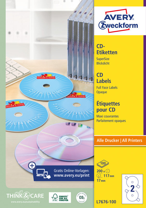 Avery CD-/DVD-Etiketten, Ø 117 mm, weiss, Papier, permanent, 200 Etiketten (100 Blatt)