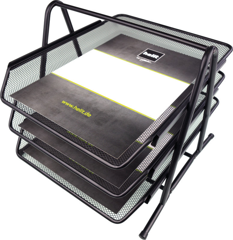 Helit Briefkorb – Stahl, für A4 und C4, 3 Fächer, glänzend, schwarz, B 295 × H 270 × T 350 mm