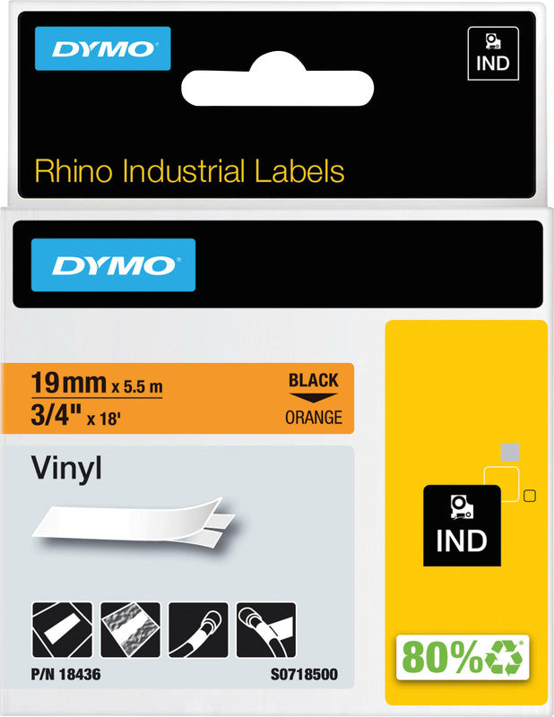 DYMO Schriftband – 19 mm × 5,5 m, orange, schwarz – für DYMO Rhino: 3000, 4200, 5000 und weitere