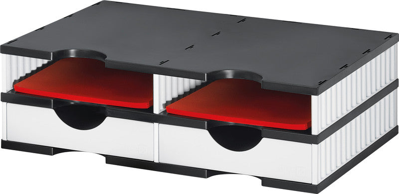 Styro Briefkorb – mit Griffausschnitt, mit Beschriftungsfeld, weiss/schwarz, B 485 × H 153 × T 331 mm