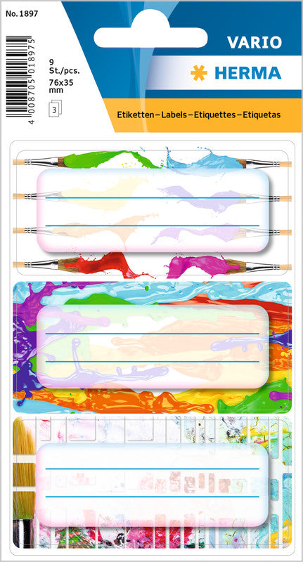 HERMA Vario Schuletiketten – Sortierte Motivdesigns – 35×76 mm, Abgerundete Ecken, 9 Stück, 3 Bögen