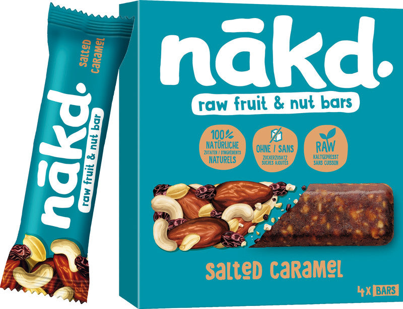 Nakd Riegel – Salted Caramel, vegan, ohne Zuckerzusatz, Schachtel, 4 × 35 g (140 g)