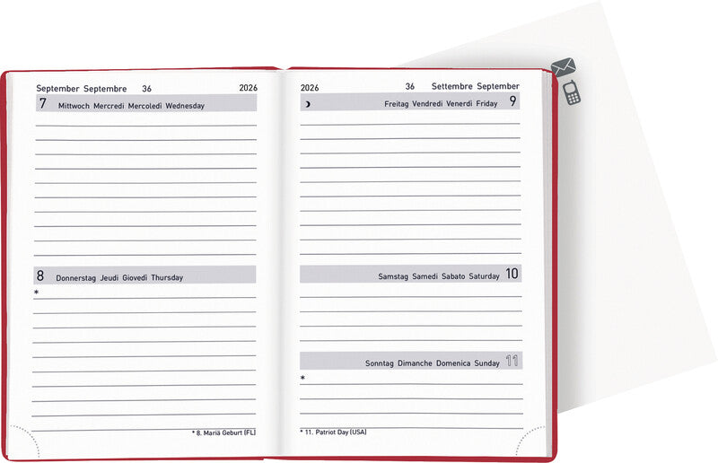 Biella Tell Agenda – 2 Tage pro Seite, gebunden, 8,5 × 12,5 cm, Jan–Dez, Rot, FSC
