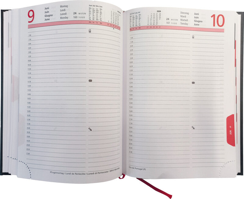 Biella Registra Agenda – 1 Tag/Seite, gebunden, 14,5 × 20,5 cm, 2026, 1/2-Stunden-Takt, schwarz, FSC