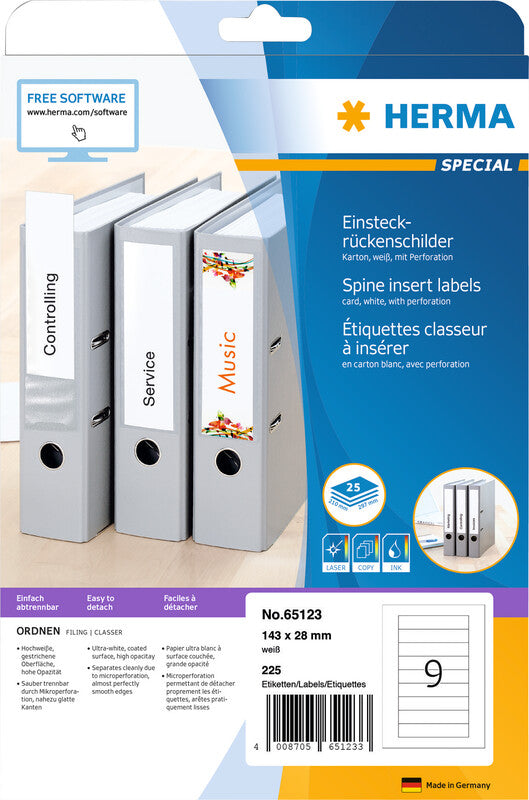 HERMA Schuletiketten – für Rückenbreite 4 cm – 28×143 mm, 225 Stk, 25 Bogen, Papier, nicht klebend