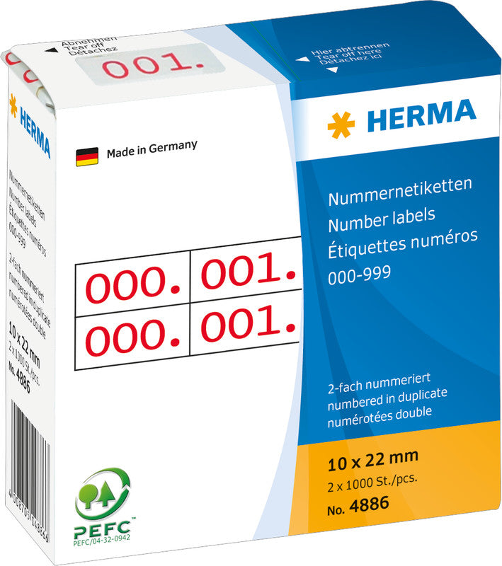 HERMA Schuletiketten – Motiv nummeriert 0–999 – 10 × 22 mm, 2000 Stk, Papier, permanent haftend