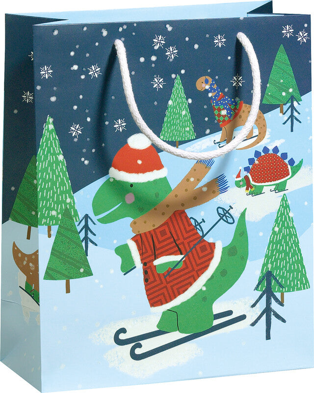 Zoewie Geschenktasche – Winter Dinos – mit Glitter, gedrehte Kordel und Ösen – 170 × 225 × 92 mm
