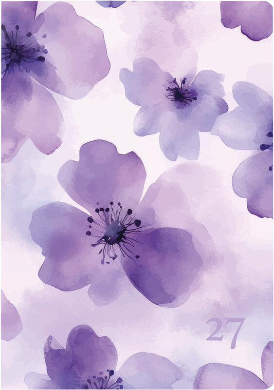 Biella Memento Trend Agenda – 1 Woche/2 Seiten, Gebunden, 10,1 × 14,2 cm, 2027, Purple Flower, FSC