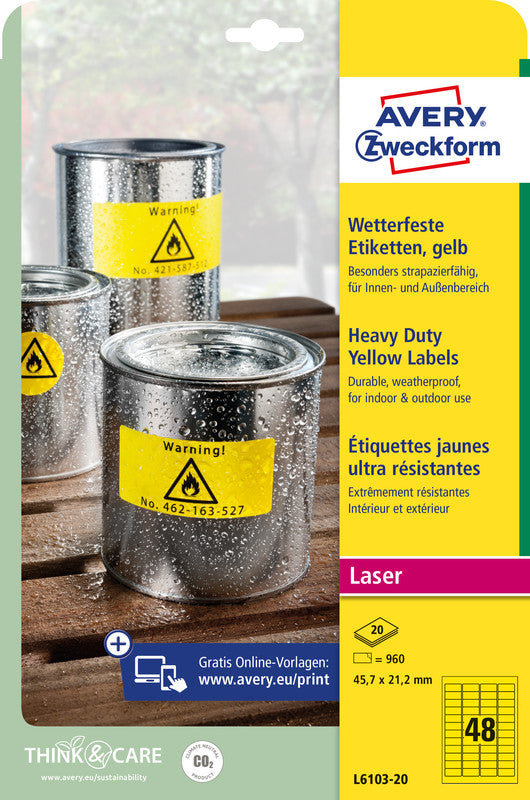 Avery Drucketiketten, 46 mm × 21 mm, gelb, Folie, extra stark, 20 Blatt (960 Etiketten)