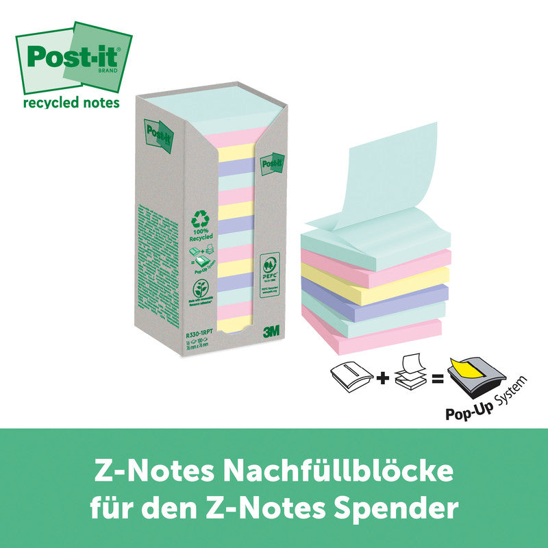 3M Post-it Haftnotizen Recycling Tower – 76×76 mm – sortiert, 16×100 Blatt, Z-Faltung, PEFC