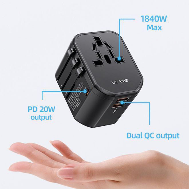 Usams Reiseadapter T59 – 52,7 × 54,8 mm, Schwarz, 2× USB-A, 1× USB-C, 20 W, für 2- und 3-polige Geräte