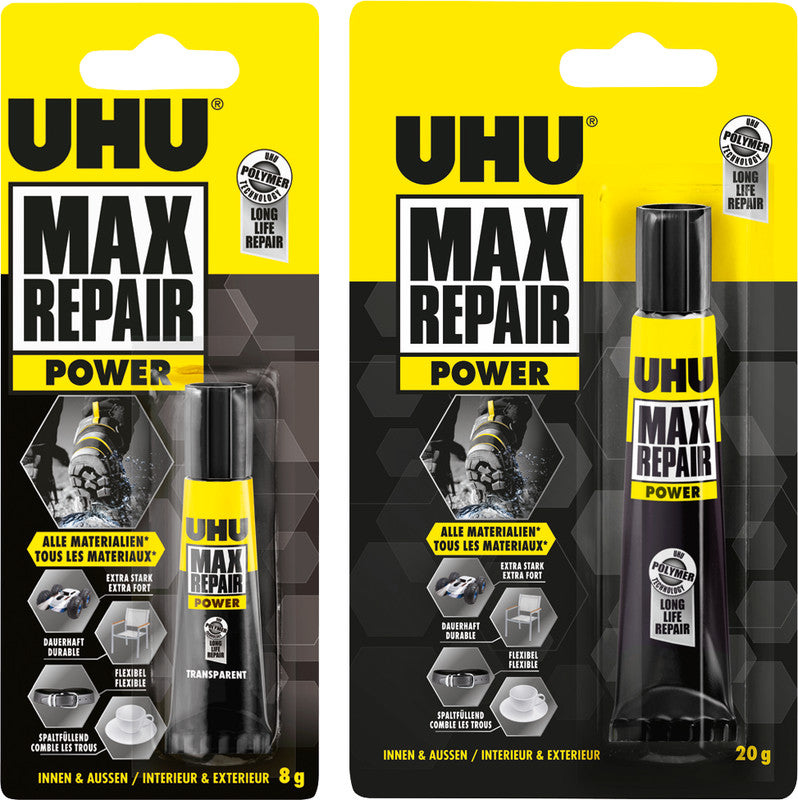 UHU Max Repair Power Kraftkleber – permanent, transparent, wasserfest, lösemittelfrei, 8 g, für Reparaturen