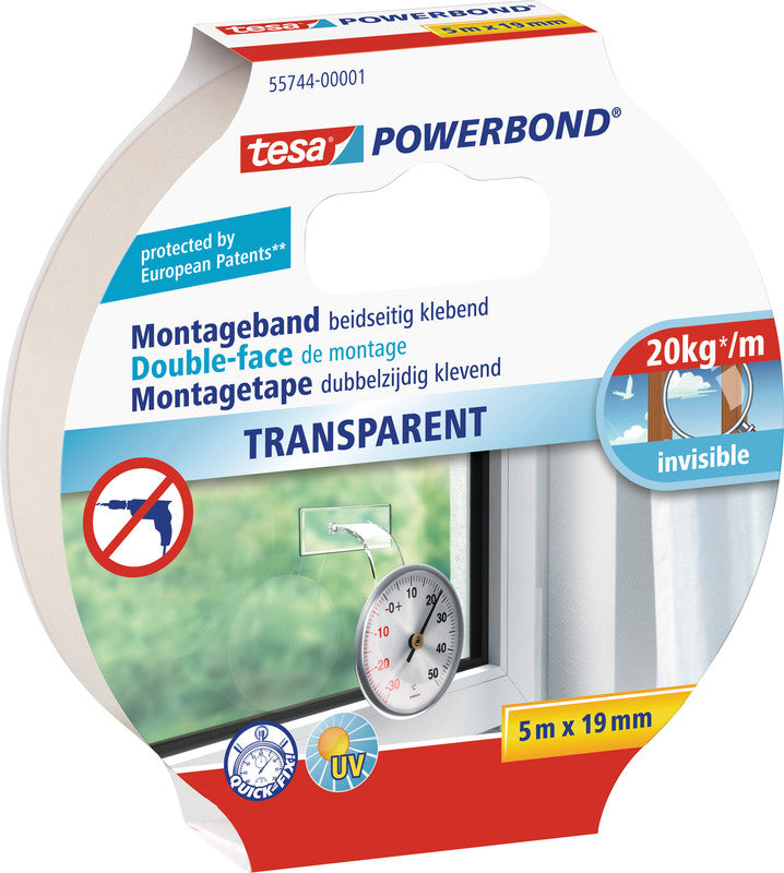 Tesa Powerbond Montageband, stark, für glatte Oberflächen – 19 mm × 5 m, transparent, bis 2 kg/10 cm