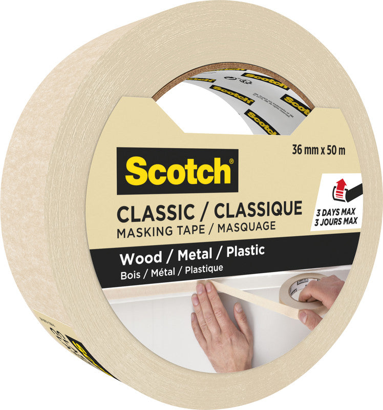 Scotch Krepp-Abdeckband – 36 mm × 50 m, beige, für raue, unempfindliche Oberflächen, rückstandsfrei bis 3 Tage