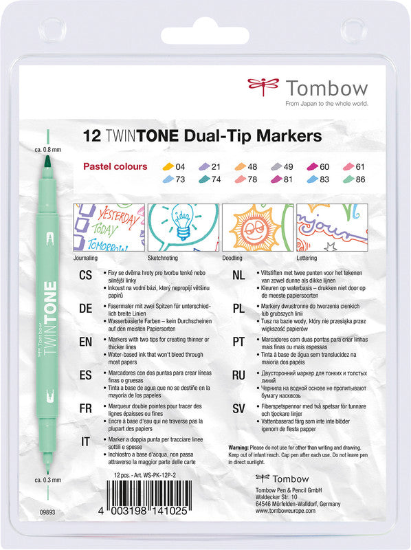 Tombow Fasermaler TwinTone, Strichbreite 0,3/0,8 mm, 12 Farben