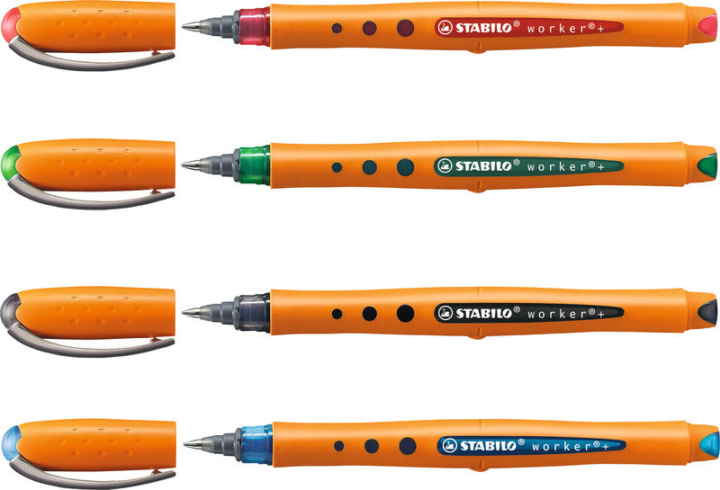 STABILO worker+ – Tintenroller-Set, mit Kappe, 0,5 mm, farbig sortiert, 4er Etui
