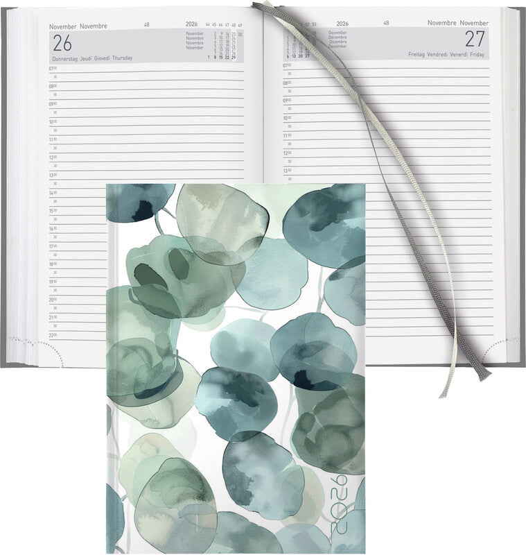 Biella Executive Trend Agenda – 1 Tag pro Seite, gebunden, 14,5 × 20,5 cm, 2026, 1/2-Stunden-Takt, Eukalyptus, FSC