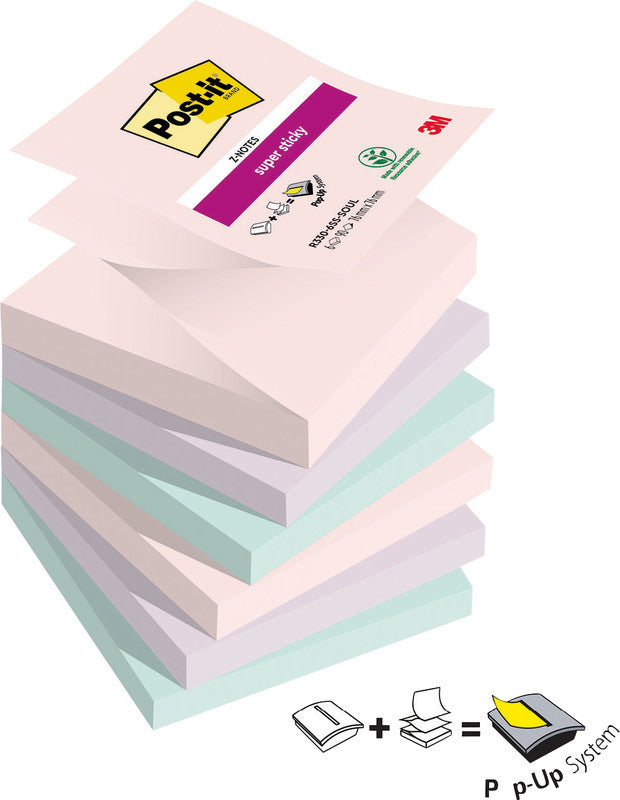 Post-it Super Sticky Haftnotizen – 76×76 mm – sortiert (rosa, flieder, mint), 6×90 Blatt, Z-Faltung, PEFC