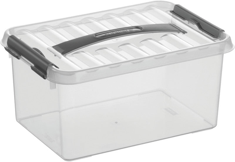 Helit die q-line Aufbewahrungsbox 6 l – mit Tragegriff, mit Deckel, stapelbar, 300 × 140 × 200 mm, transparent