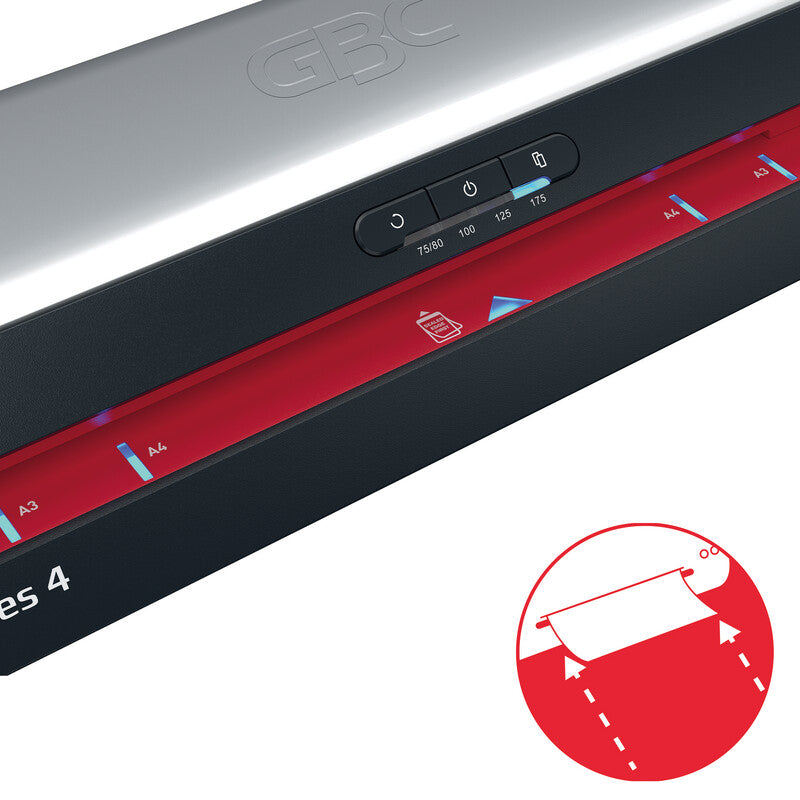 GBC 480HS Laminiergerät A3 – 4-Rollen, 75–125 µm, 1 Min. Aufheizzeit, 500 mm/min, Silber