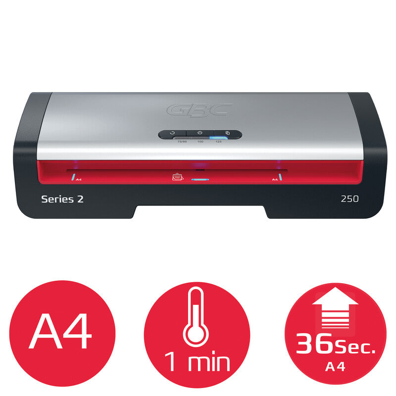 GBC Laminiersystem 250 Laminiergerät A4 – 2-Rollen, 75–125 µm, Aufheizzeit 1 Min., 500 mm/min, Silber