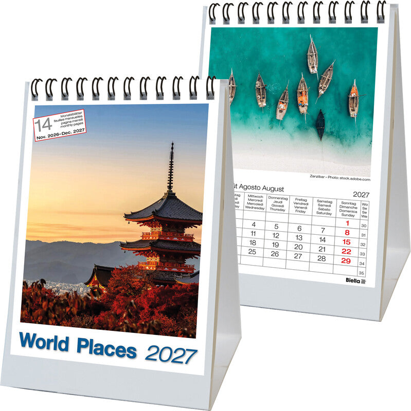 Biella Kalender-Einlage – 1 Monat pro Seite, Spiralbindung, A6, 14 Monate Jan–Feb, 2027, World Places, FSC