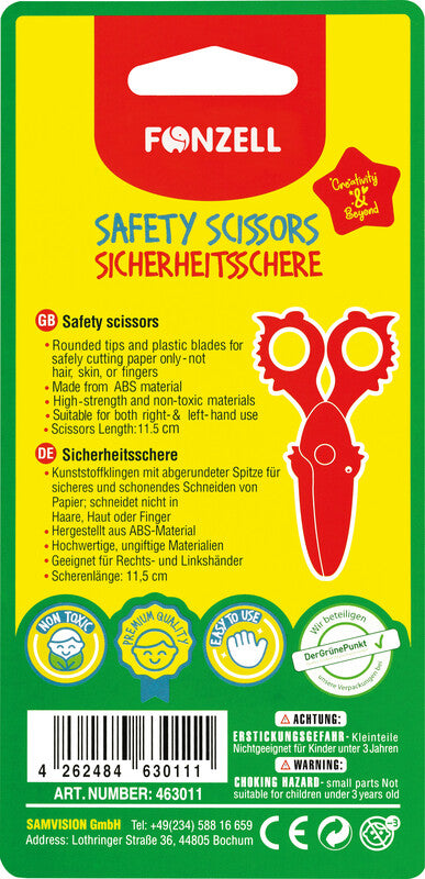 Fonzell Kinderschere – 11,5 cm, Kunststoff, für Rechts- und Linkshänder, abgerundet, Rot