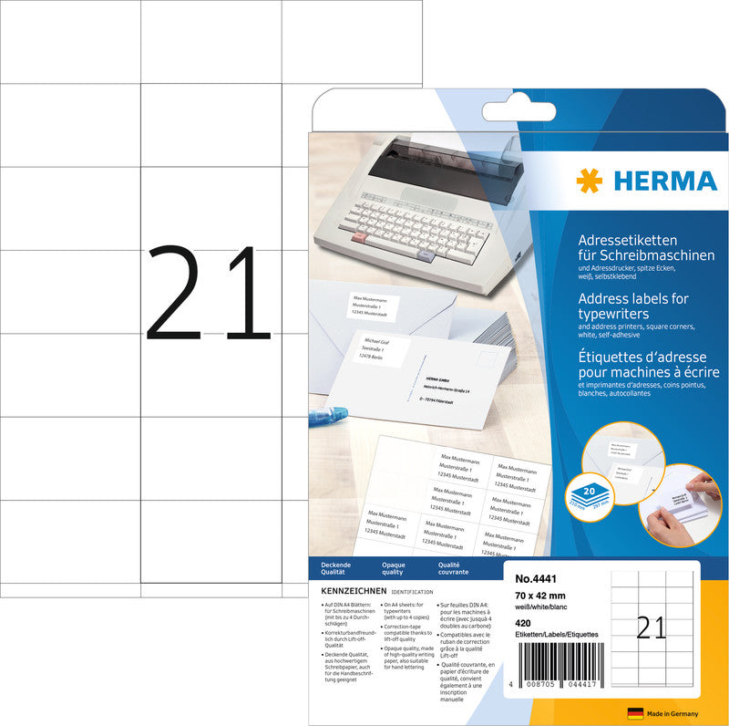 HERMA Adressetiketten, 70 × 42 mm – für Schreibmaschinen, bis 4 Durchschläge – 420er-Pack