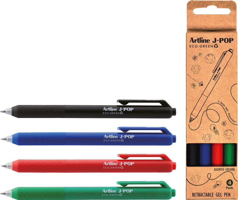 Artline J-Pop Eco-Green – Tintenroller-Set, Druckmechanik, 0,7 mm, farbig sortiert, 4er Etui