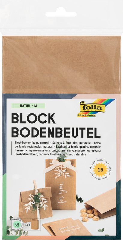 Folia Geschenkbeutel – Kraftpapier, mit Kreuzboden, lebensmittelecht – 120 × 210 × 60 mm – 15 Stk.