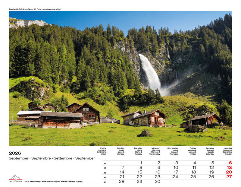 Calendaria Bildkalender Schweiz 2026 – 40 × 31 cm – mit Aufhänger